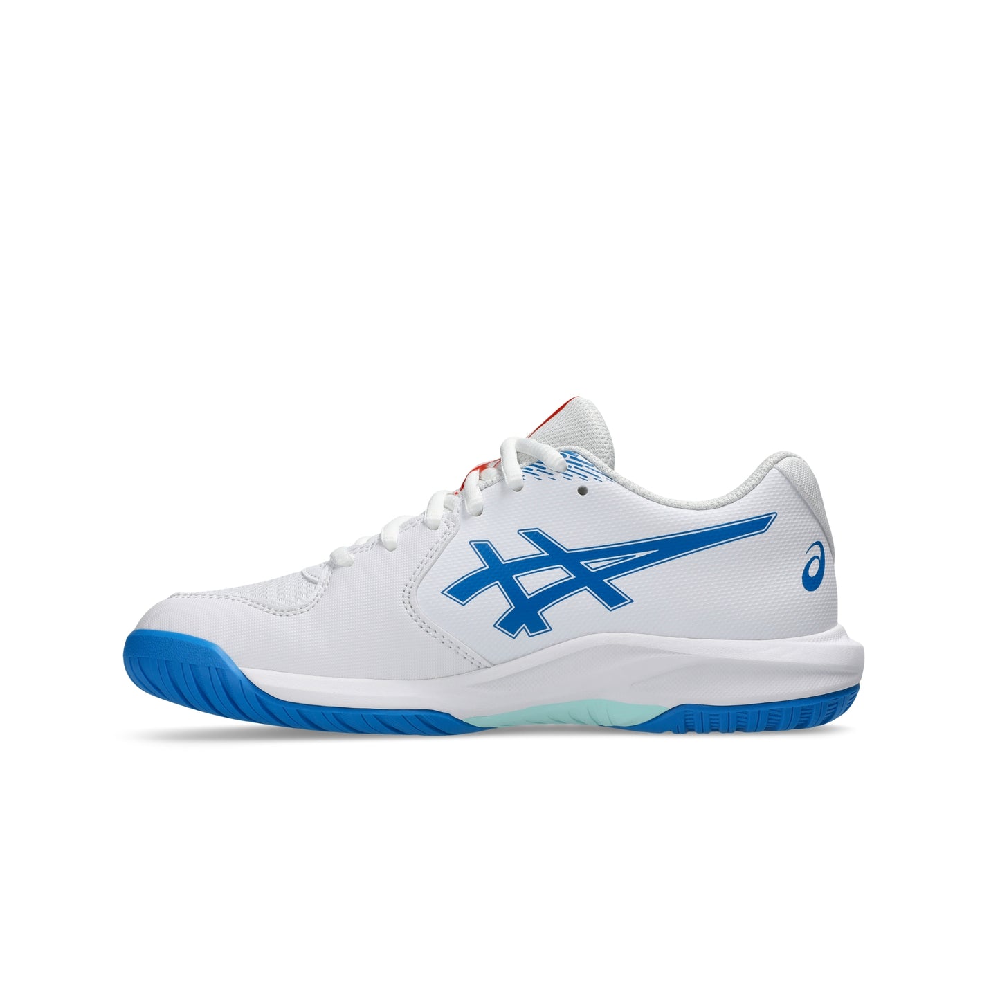 A white ASICS tennis shoe with a blue side stripe logo, an orange and blue heel accent, and a blue outsole, shown in a side profile on a white background.