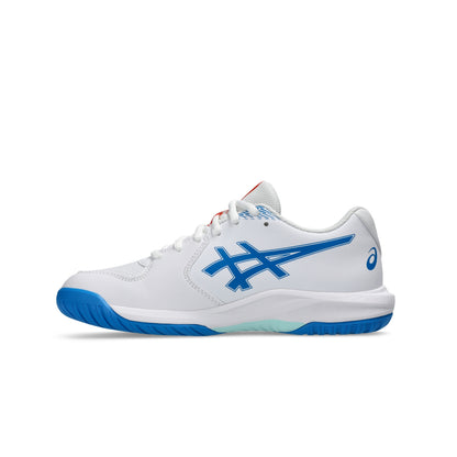 A white ASICS tennis shoe with a blue side stripe logo, an orange and blue heel accent, and a blue outsole, shown in a side profile on a white background.