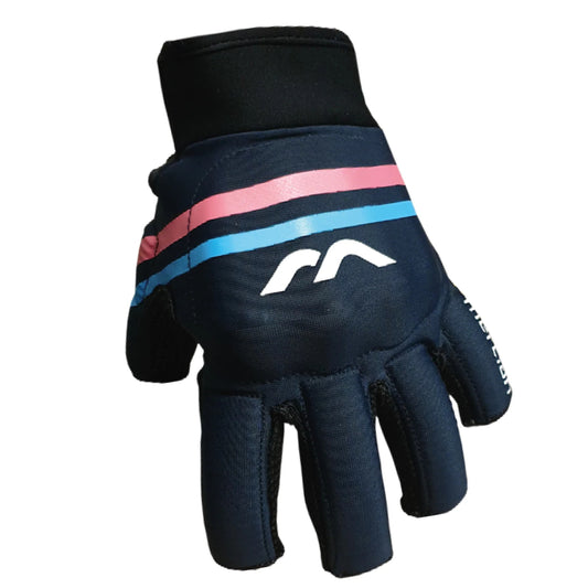 Navy glove with pink and blue stripes on a white background