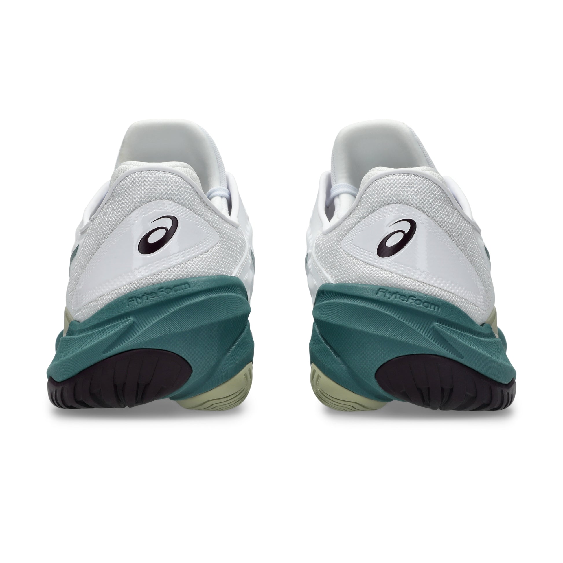 Back view of a Asics shoe with a green sole on a white background