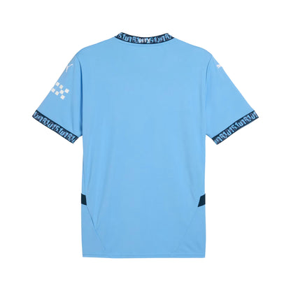 Light blue t-shirt with branding on sleeves and neckline against a white background