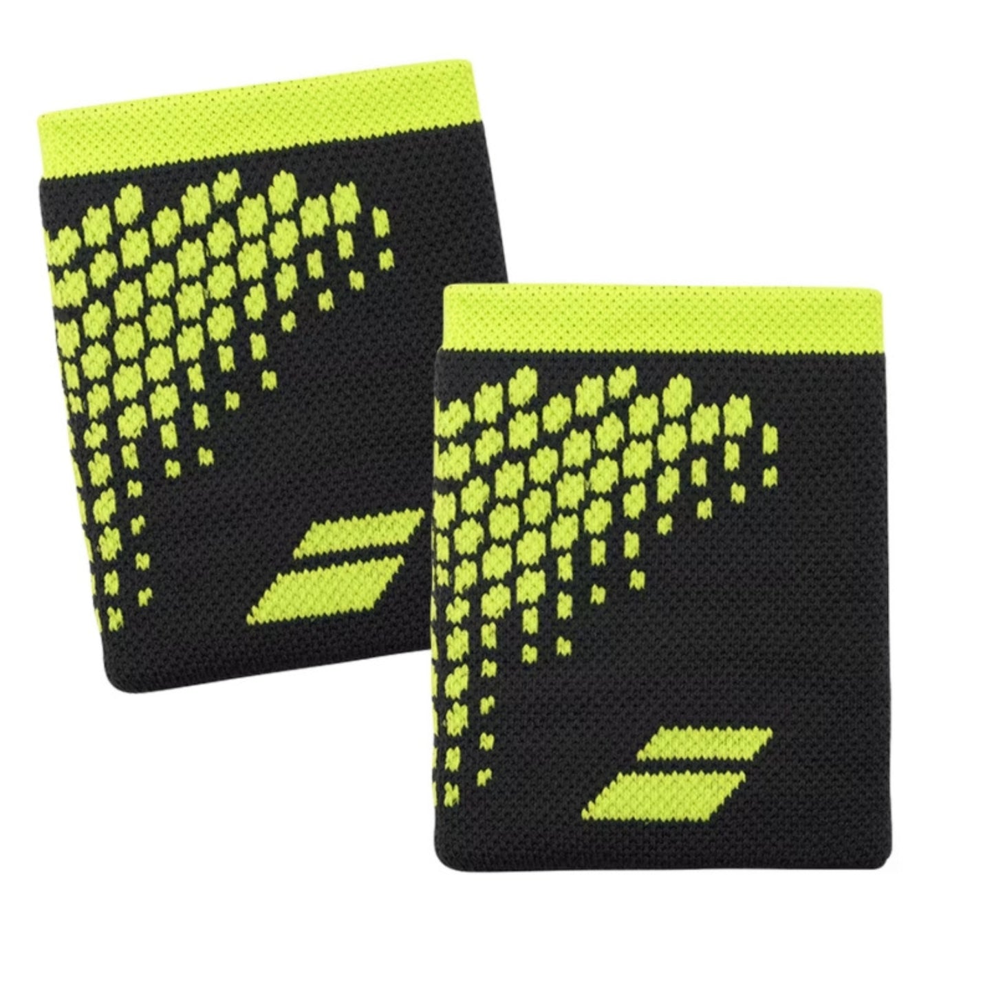 Pair of black wristbands with yellow pattern and logo on a white background