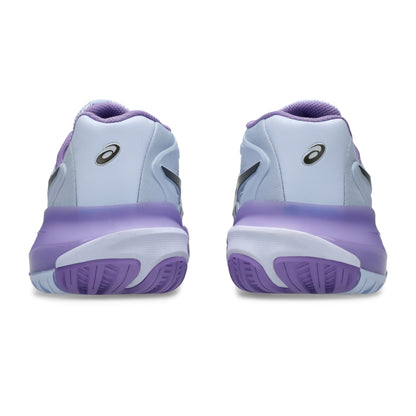 A pair of Asics tennis shoes shown from the rear, featuring a light blue and lavender purple colorway with black logo details, set against a plain white background.