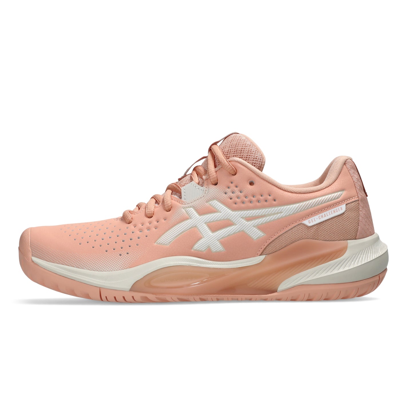 A single Asics tennis shoe in a soft peach and white colorway, shown from the side profile against a clean white background.