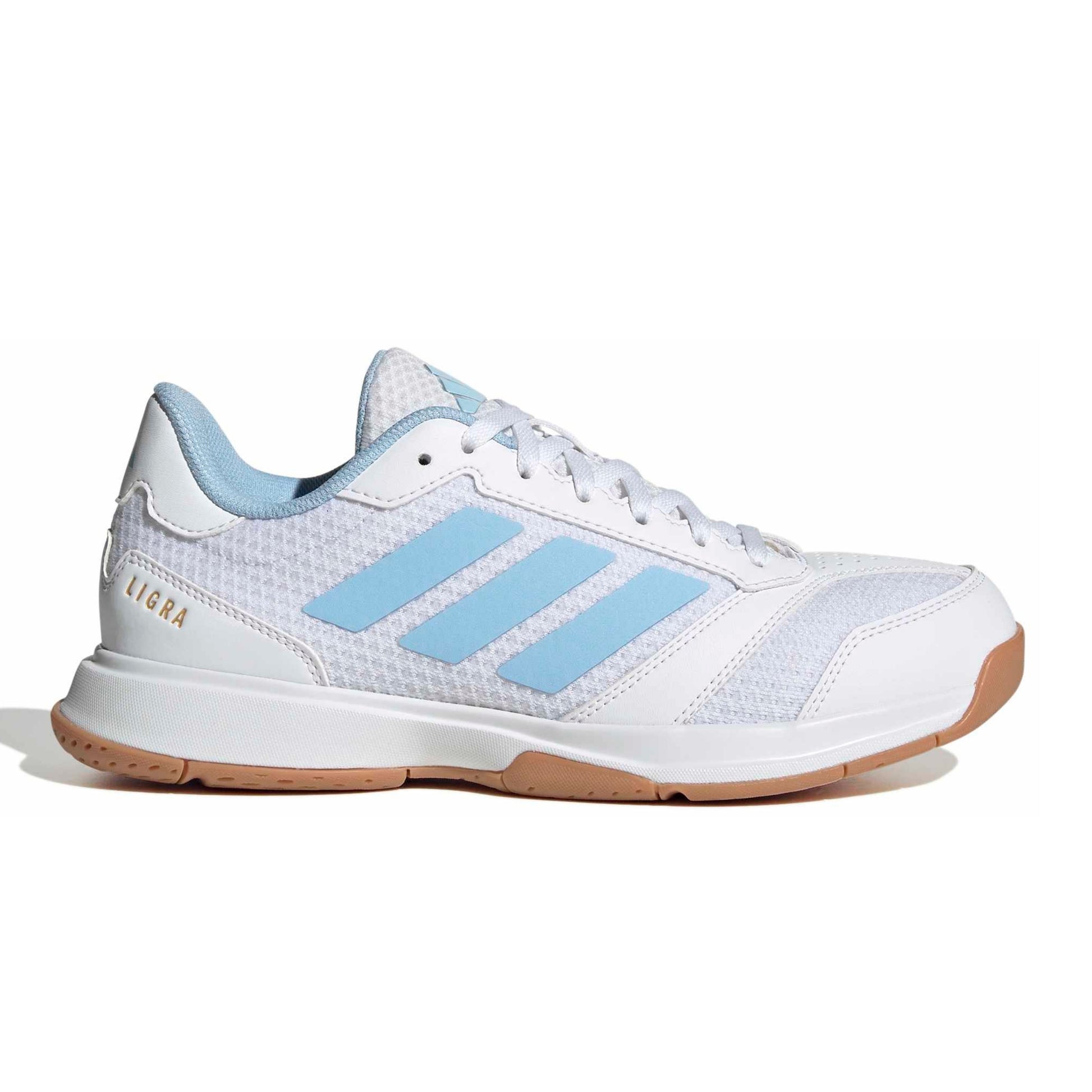 White and blue adidas shoe with the word Ligra on a white background