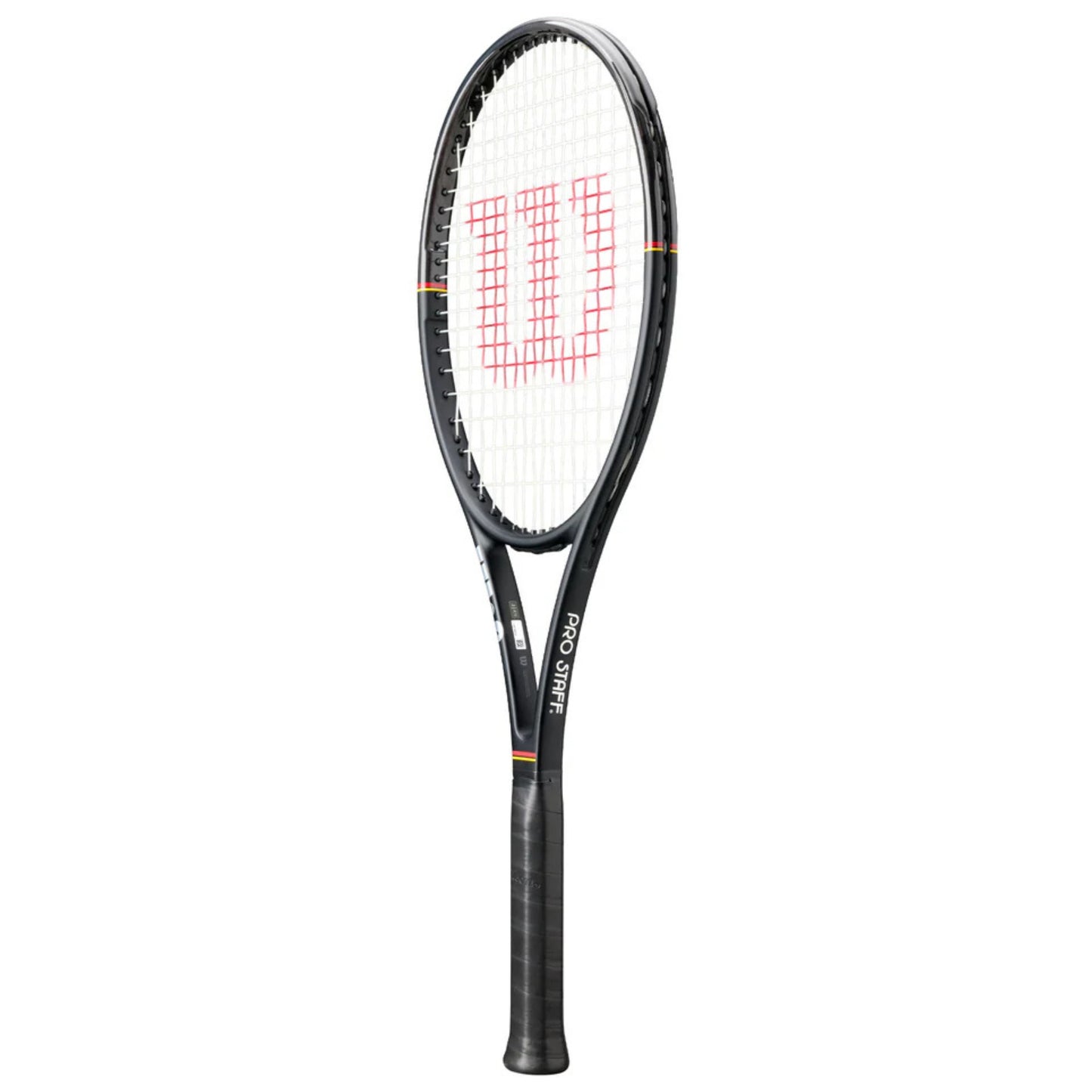 Tennis racket with a white strings and a black frame on a white background
