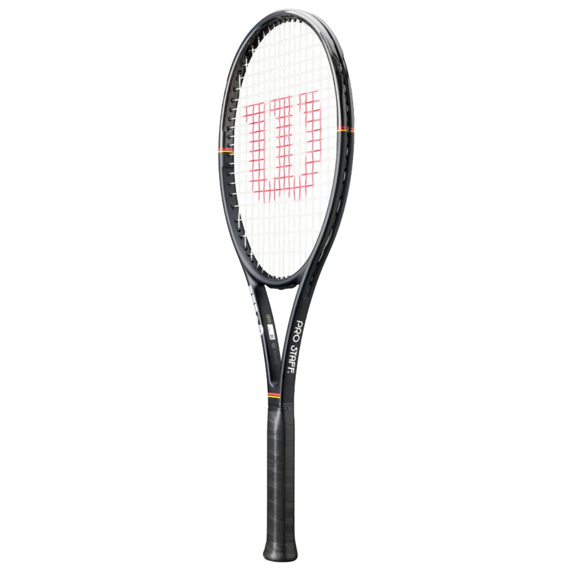 Tennis racket with a white strings and a black frame on a white background