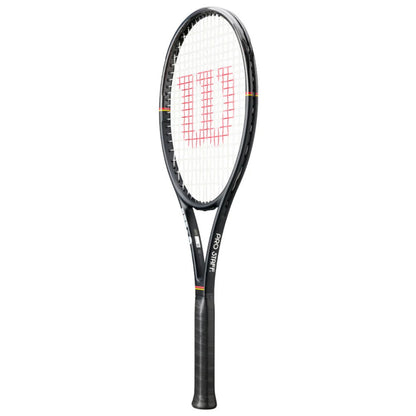 Tennis racket with a white strings and a black frame on a white background