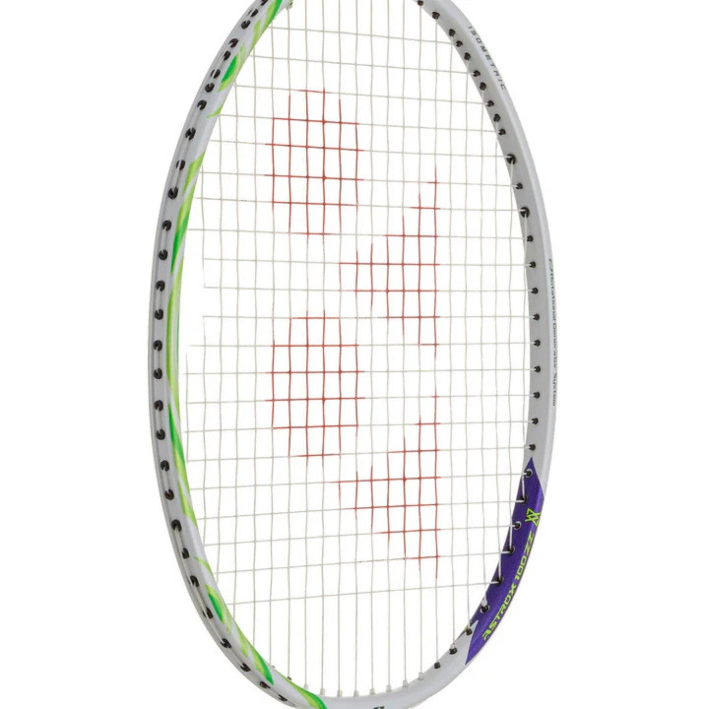 Badminton racket with a white strings background on a white background