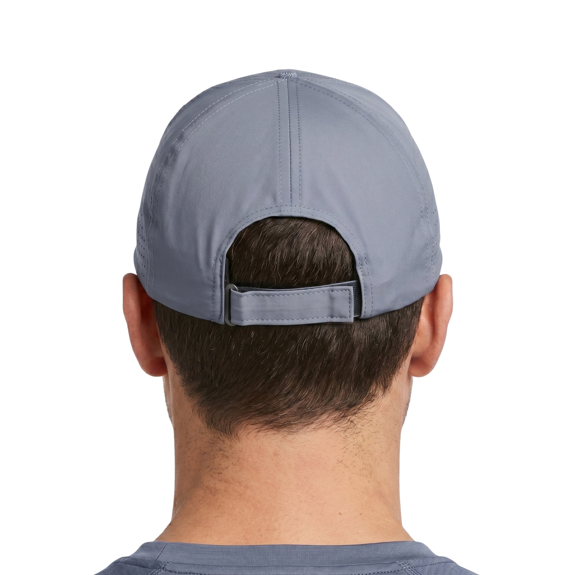 Gray cap worn by a person on a white background
