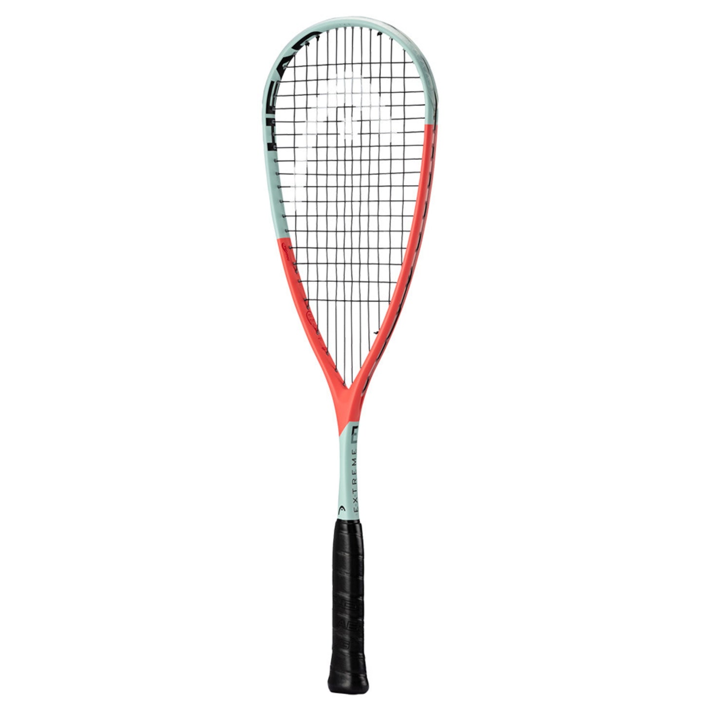 Squash racket with a orange and grey design on a white background
