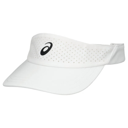 White Asics visor with black logo on a white background