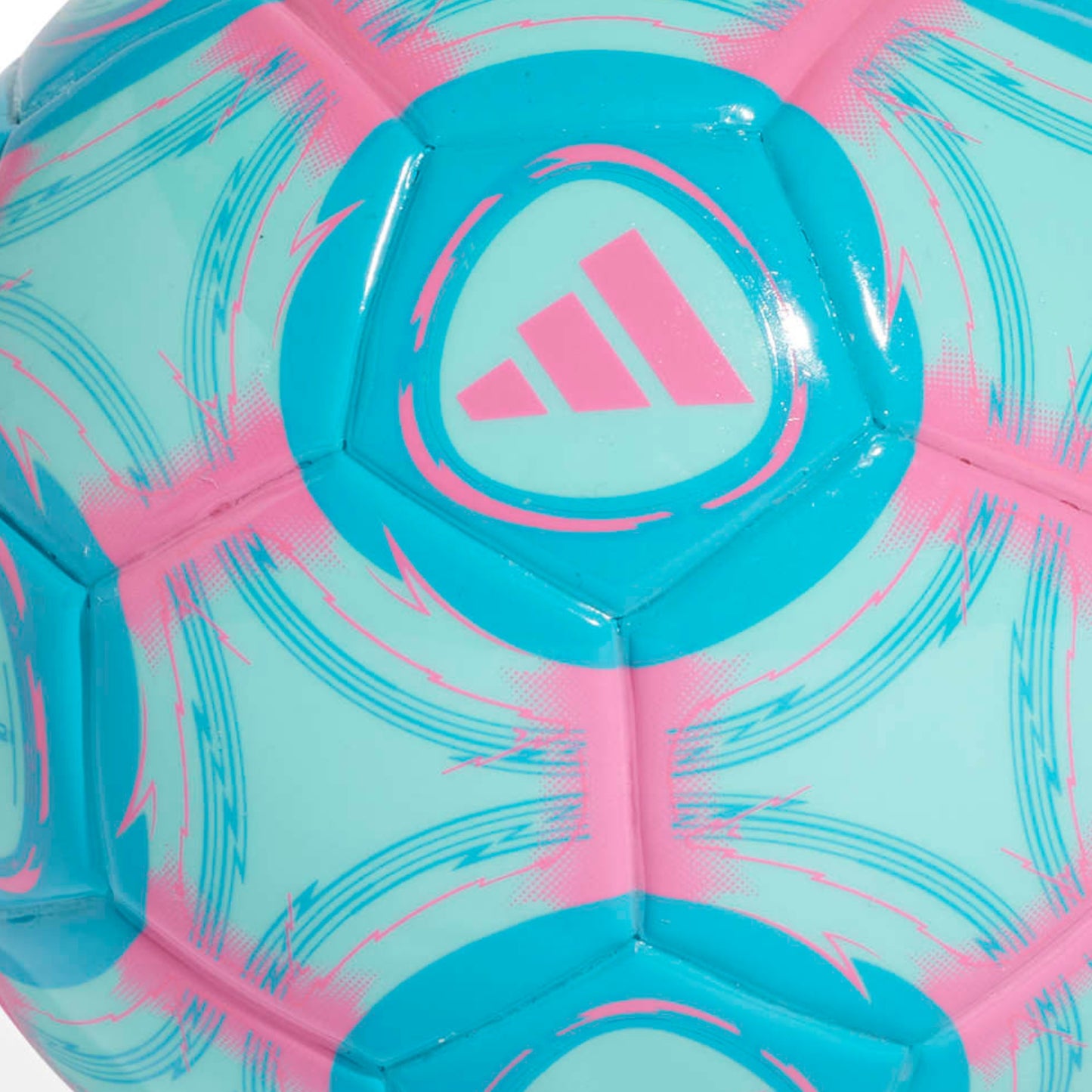 Close-up of a blue and pink mini soccer ball with Adidas logo