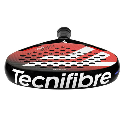 Tecnifibre padel racket with red and black design on a white background