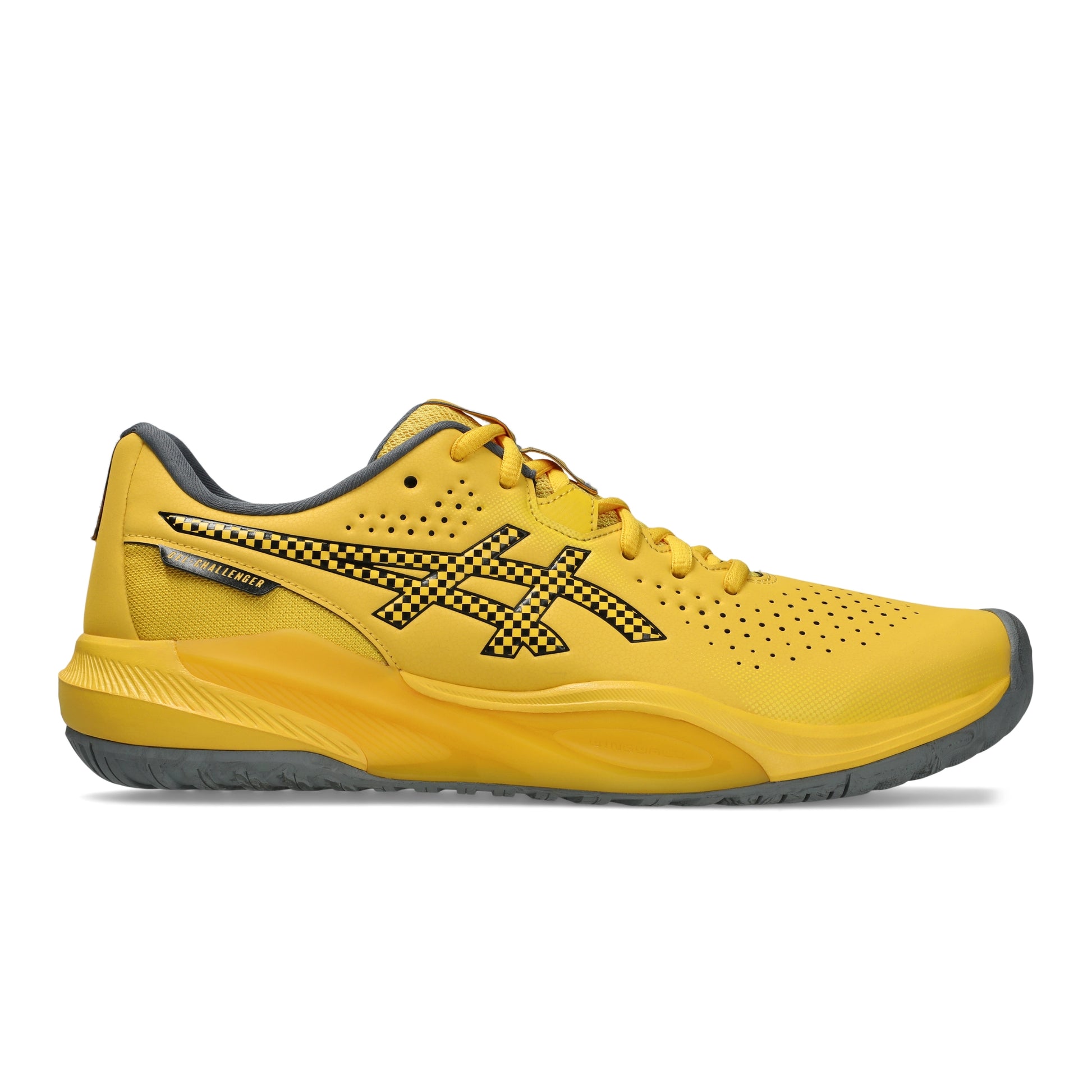 A yellow Asics tennis shoe with a black and yellow patterned logo, shown in a side profile view against a white background.