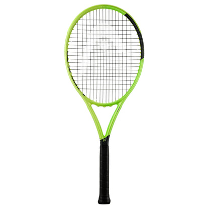 A Head tennis racket with a bright neon green frame and black grip, shown vertically against a plain white background.