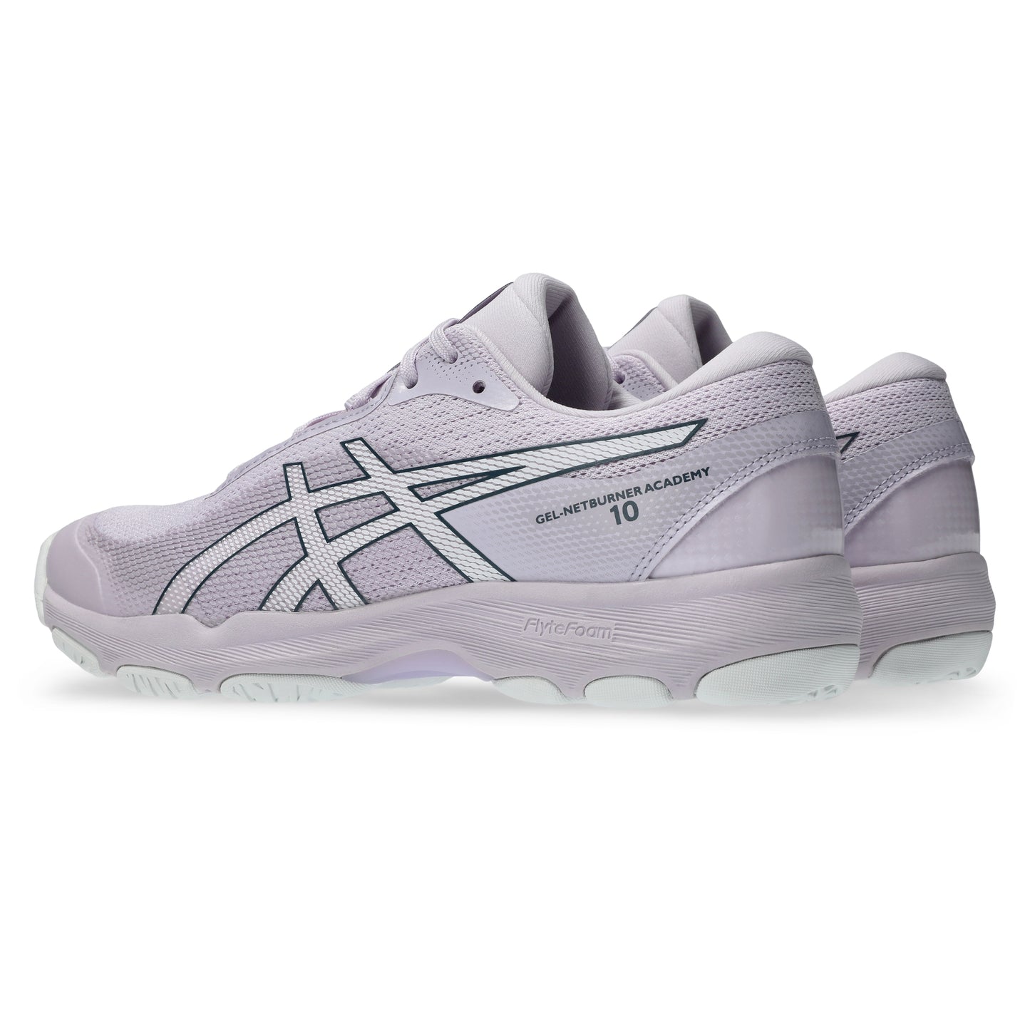 Light pink Asics shoes with black accents on a white background