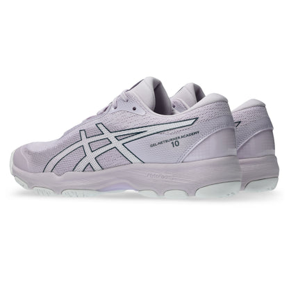 Light pink Asics shoes with black accents on a white background