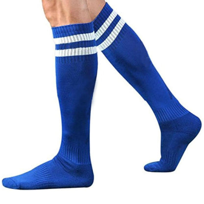 Blue knee-high socks with white stripes worn by a person on a white background