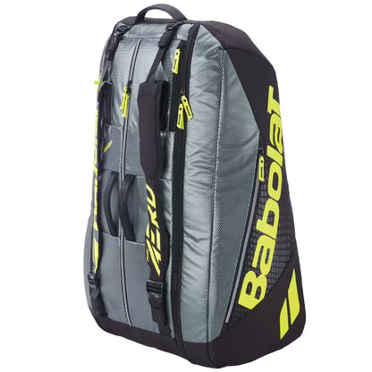 Gray and black tennis bag with yellow branding on a white background