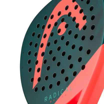 Close-up of a Head padel racket with a red and dark green design on a white background