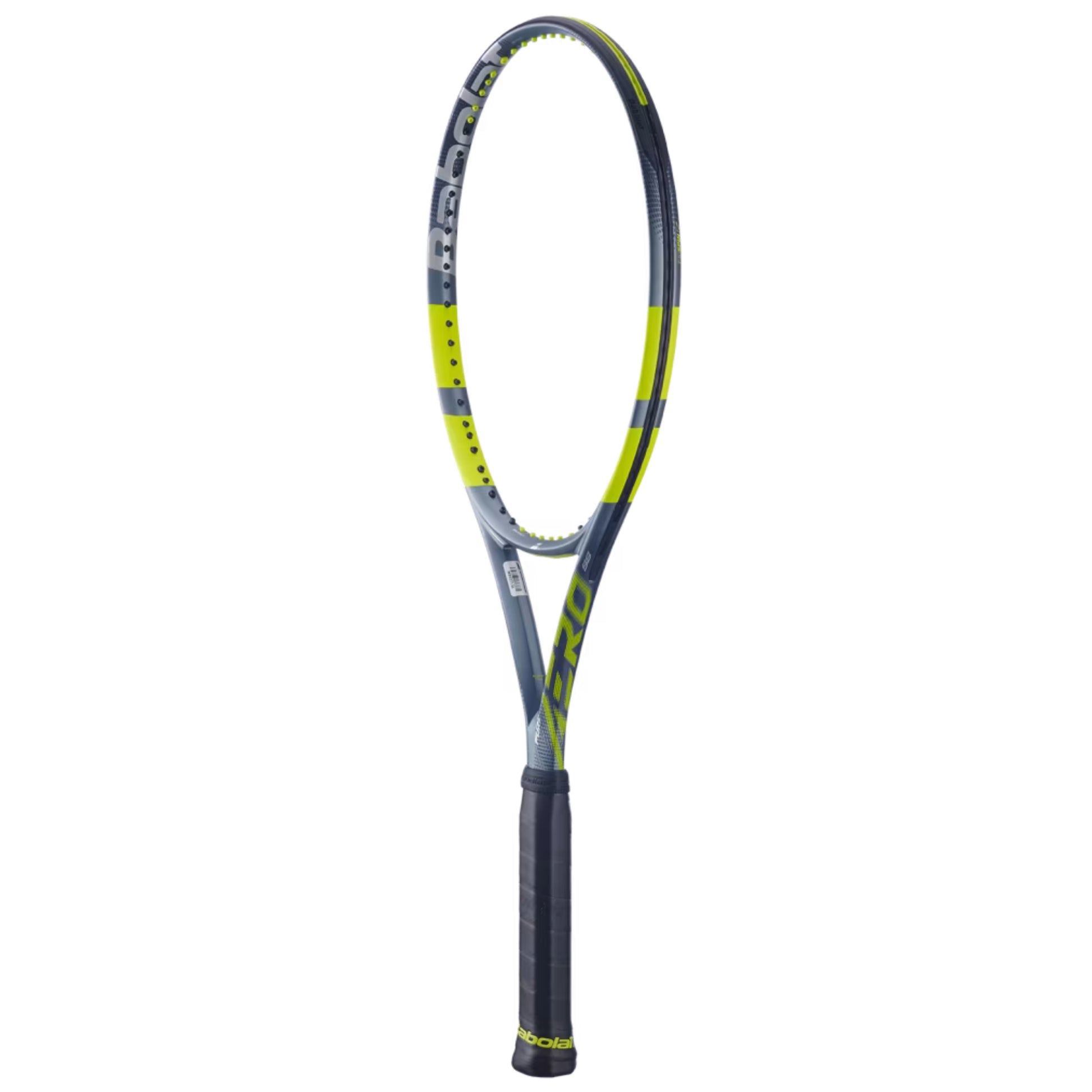 Tennis racket with black and yellow design on a white background