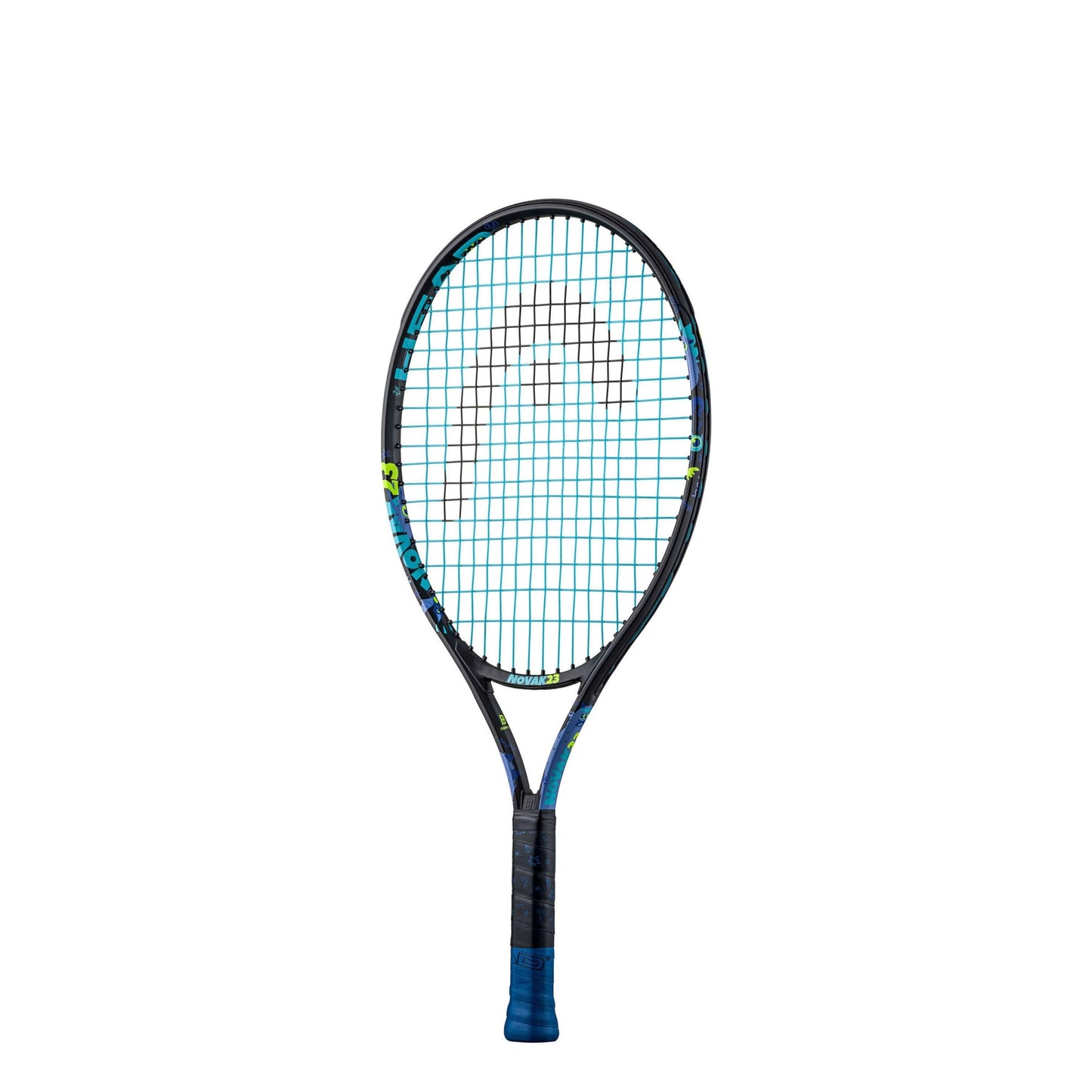 Head tennis racket with a blue and black design on a white background