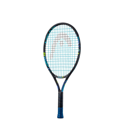 Head tennis racket with a blue and black design on a white background