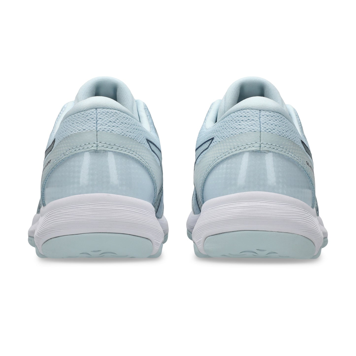 Light blue netball shoes with white soles on a white background