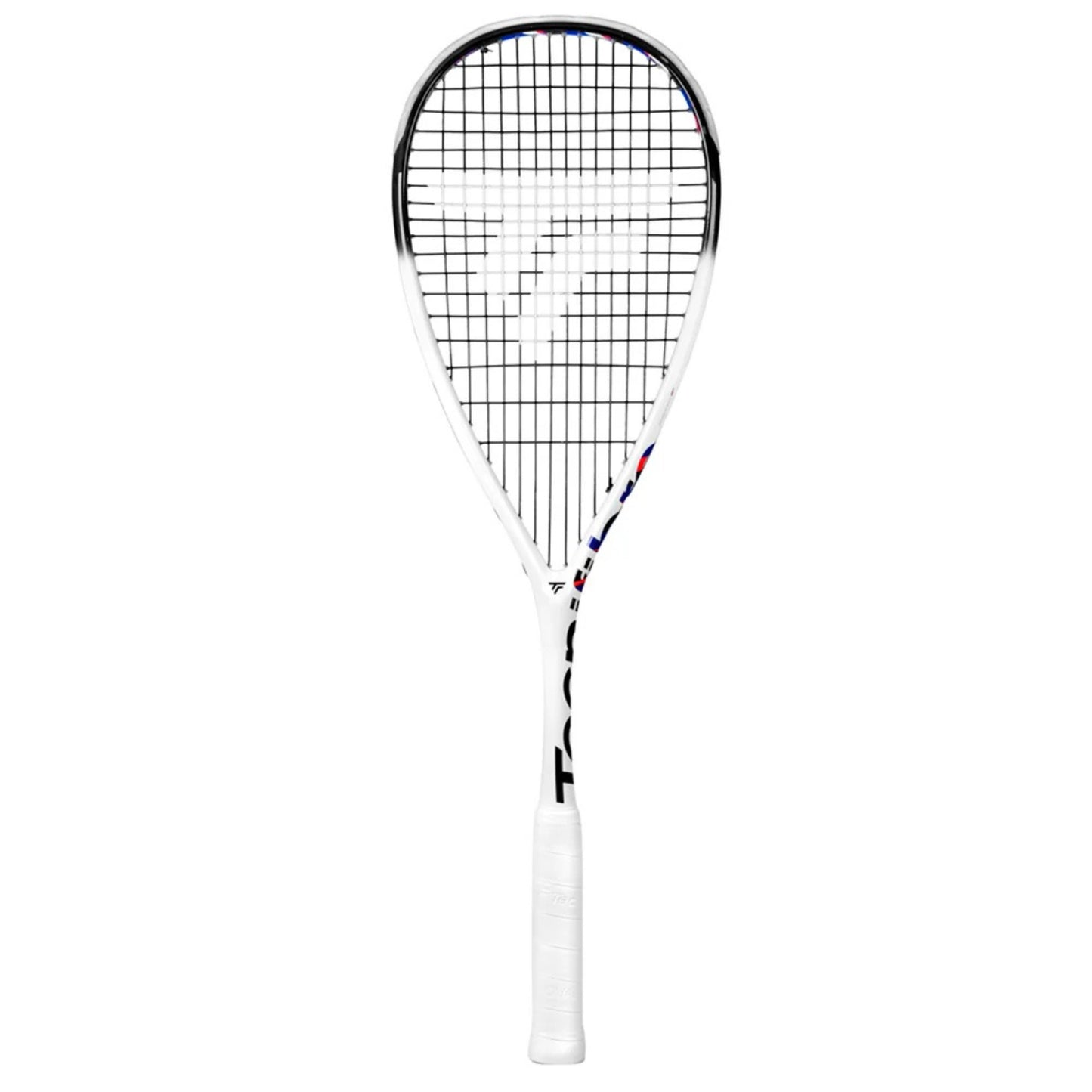 White Tecnifibre squash racket with black strings on a white background
