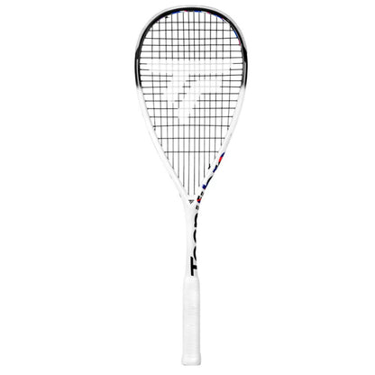 White Tecnifibre squash racket with black strings on a white background