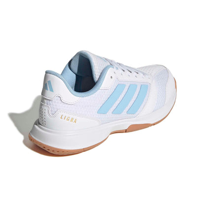 White and blue adidas shoe with the word Ligra on a white background