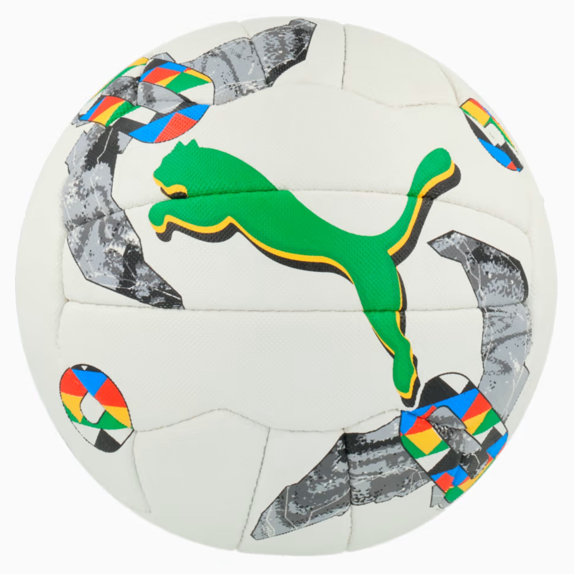 Puma netball balll with colorful patterns on a white background