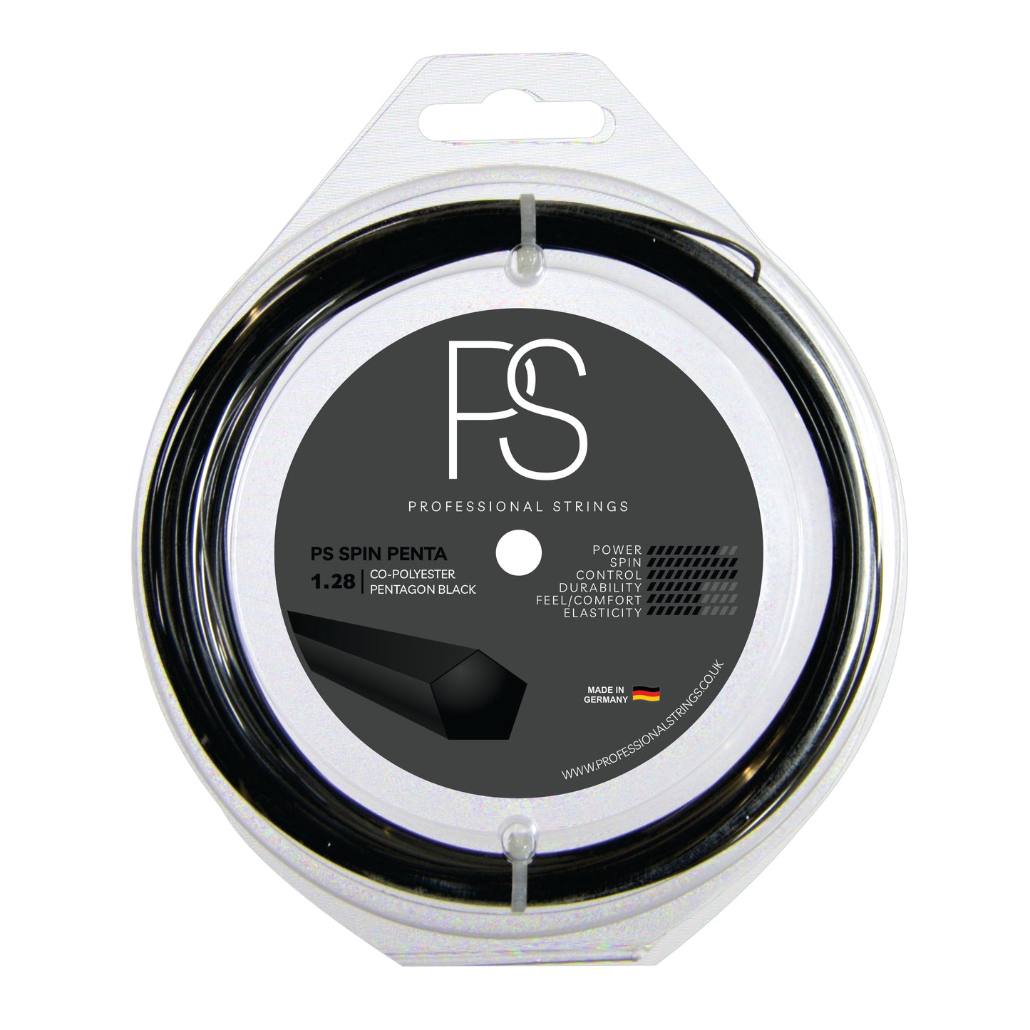 Black tennis string with FS logo on a white background