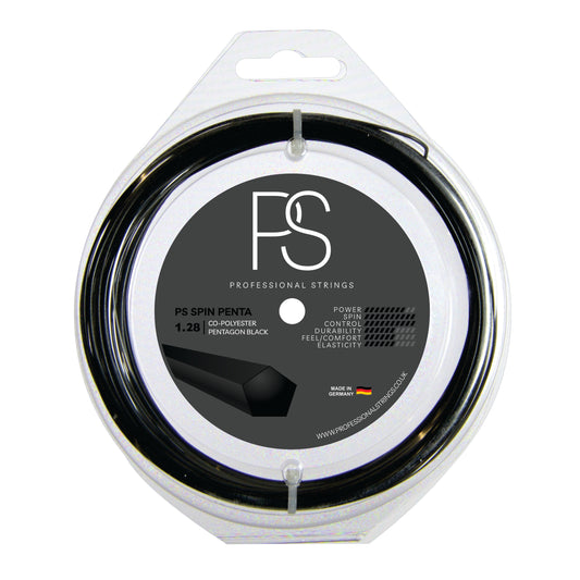 Black tennis string with FS logo on a white background