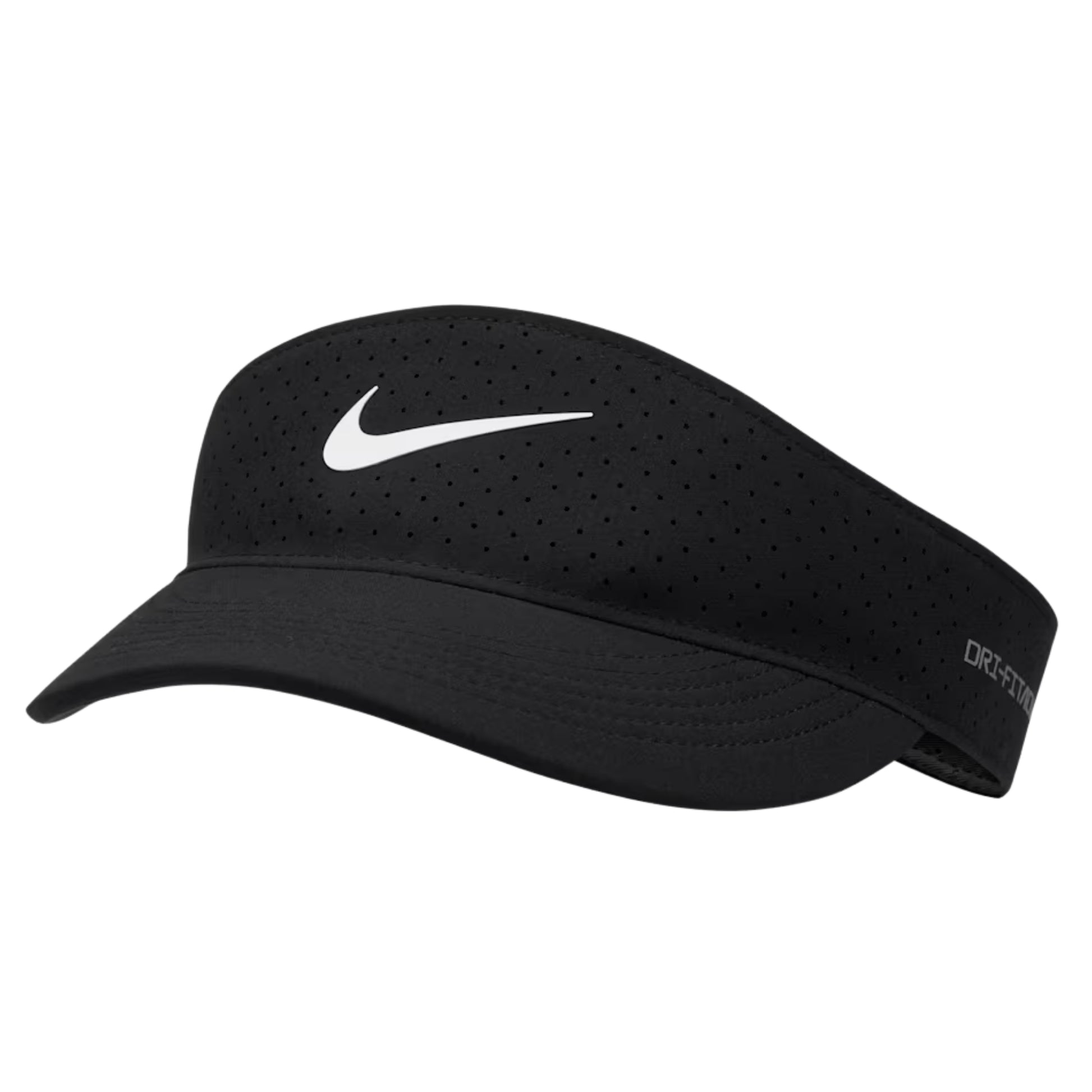 Black Nike visor with white swoosh logo on a white background