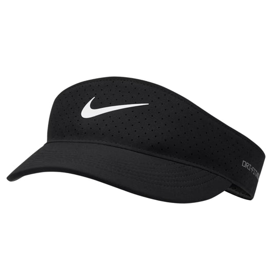 Black Nike visor with white swoosh logo on a white background