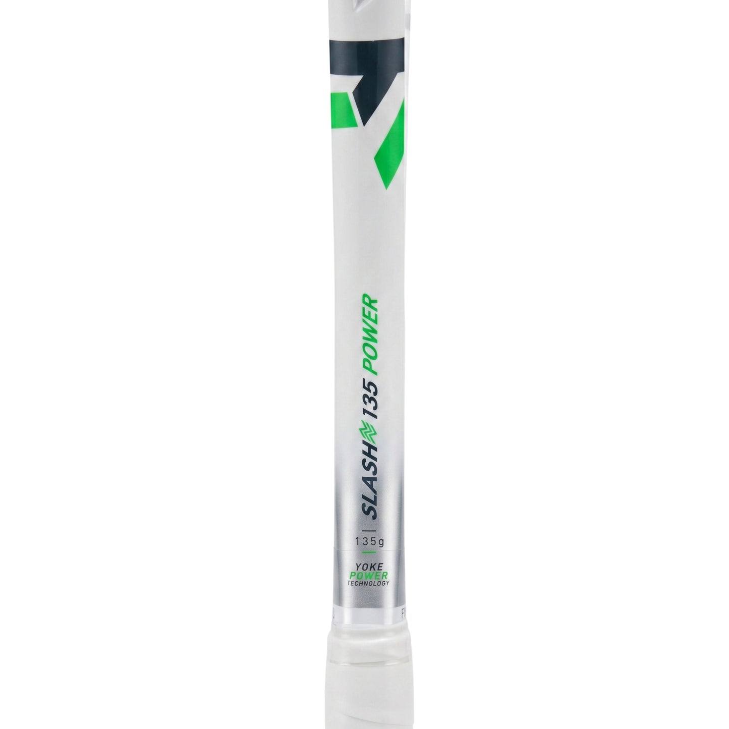 A close-up of a Tecnifibre squash racket shaft, showing the 'SLASH 135 POWER' model branding in green and black on a white background.