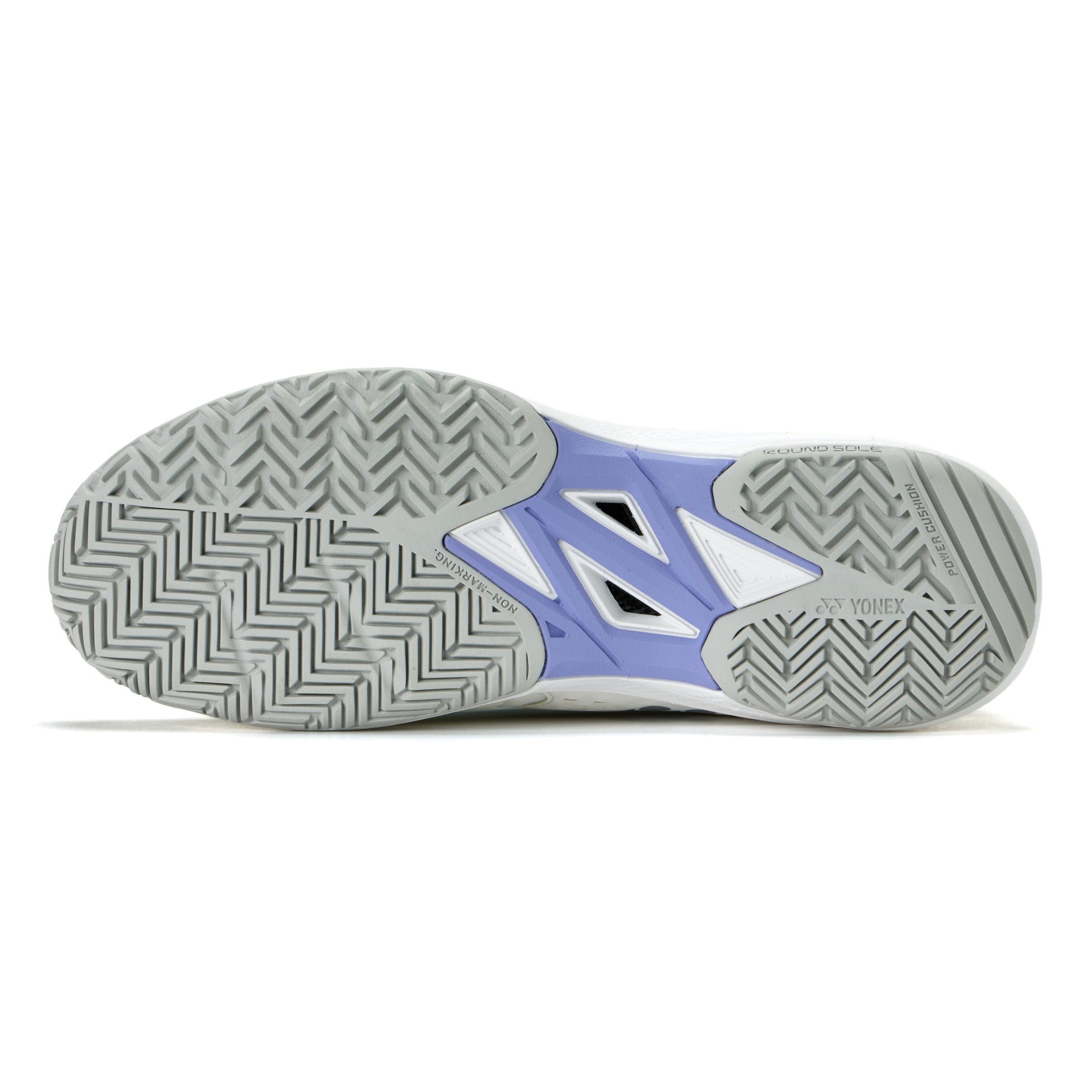 White and purple tennis shoe sole with a brand logo on a white background