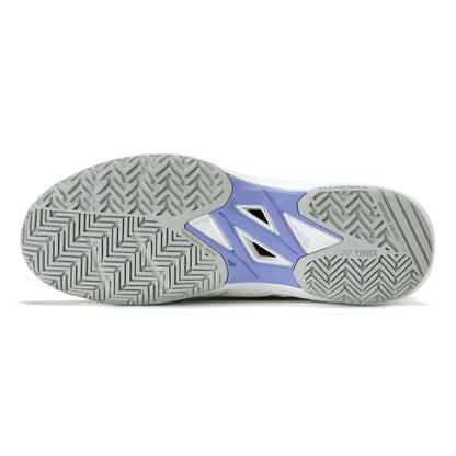 White and purple tennis shoe sole with a brand logo on a white background