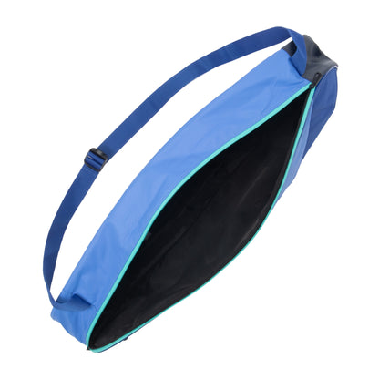 Inside of a blue racket bag with a strap on a white background