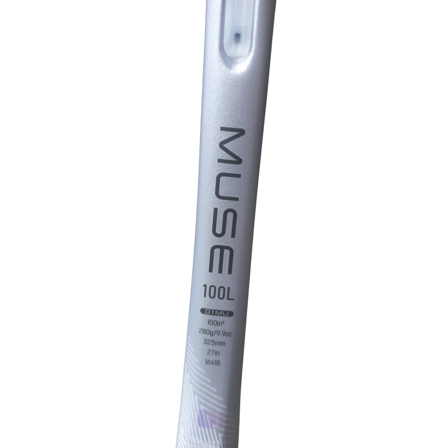 Silver Yonex tennis racket frame with 'MUSE 100L' branding on a white background