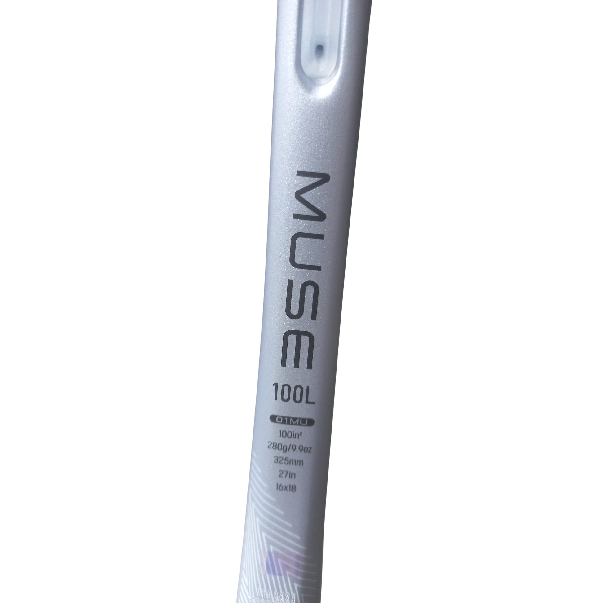 Silver Yonex tennis racket frame with 'MUSE 100L' branding on a white background