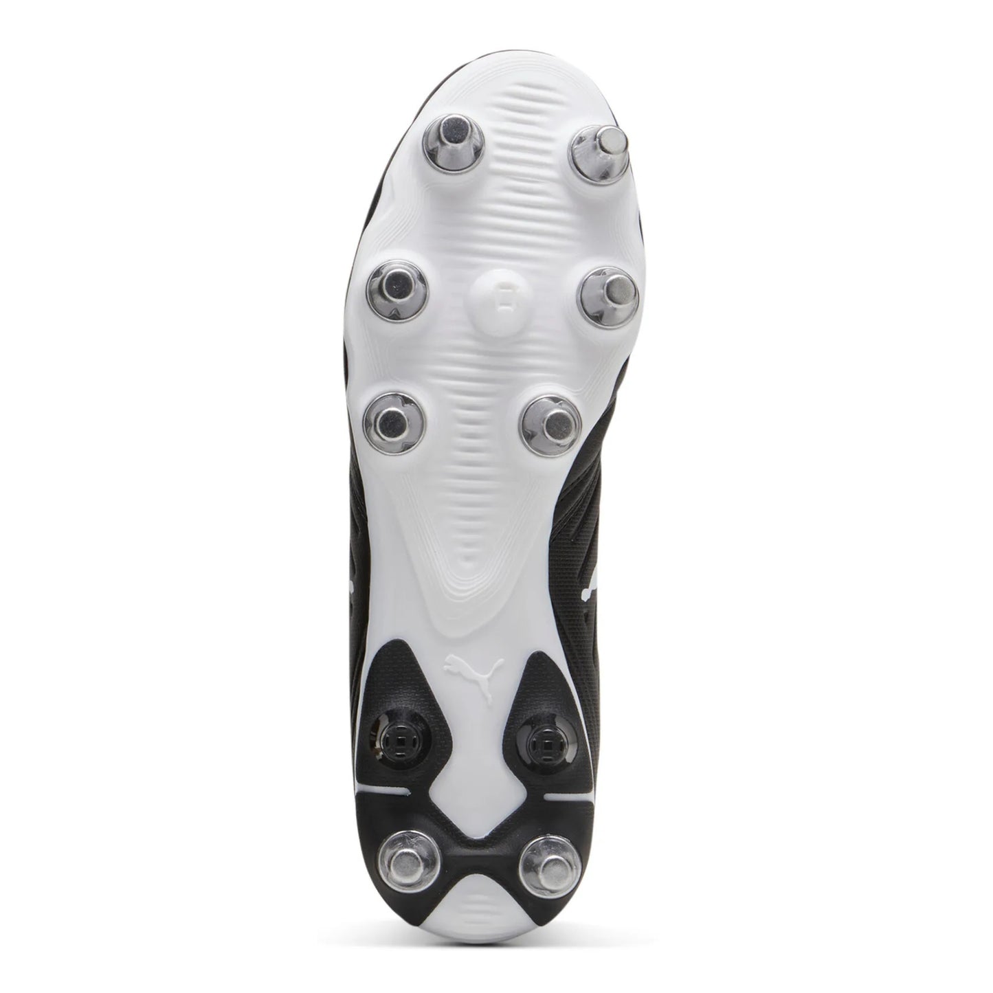 Close-up of a rugby boot with metal studs on a white background