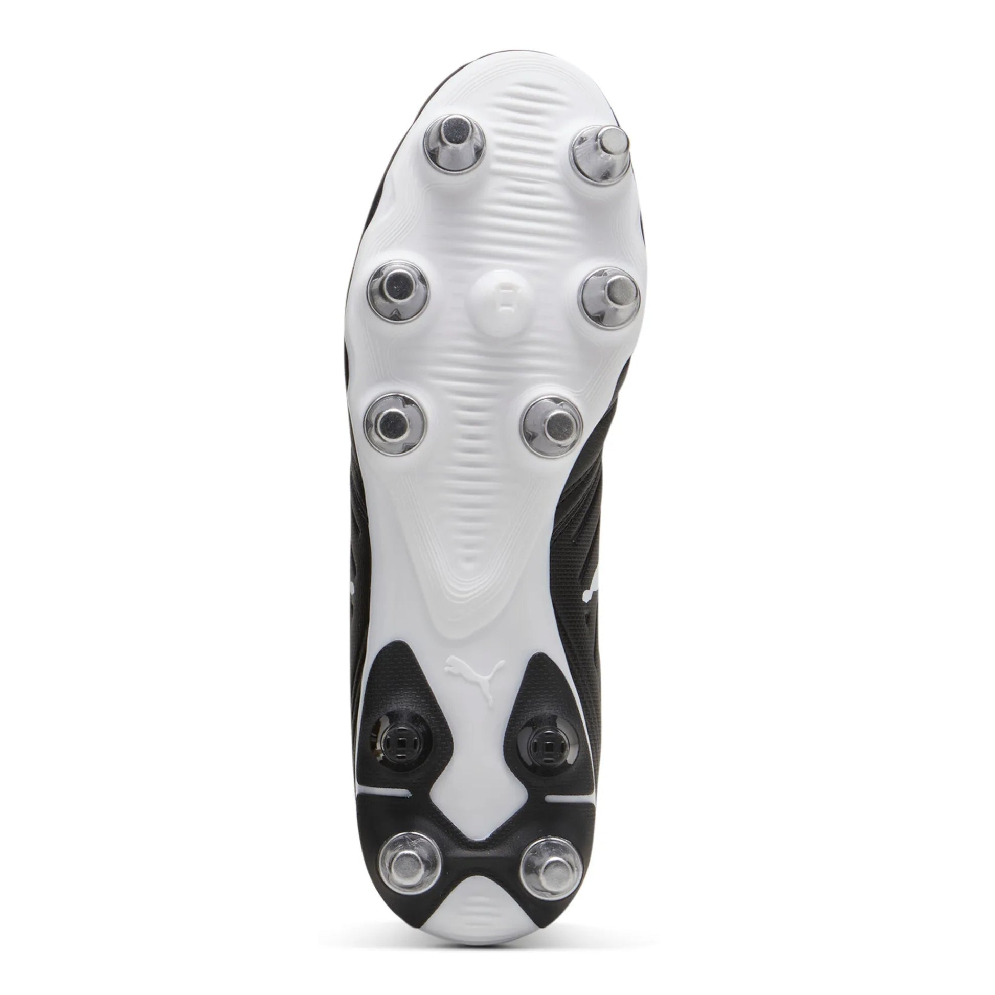 Close-up of a rugby boot with metal studs on a white background