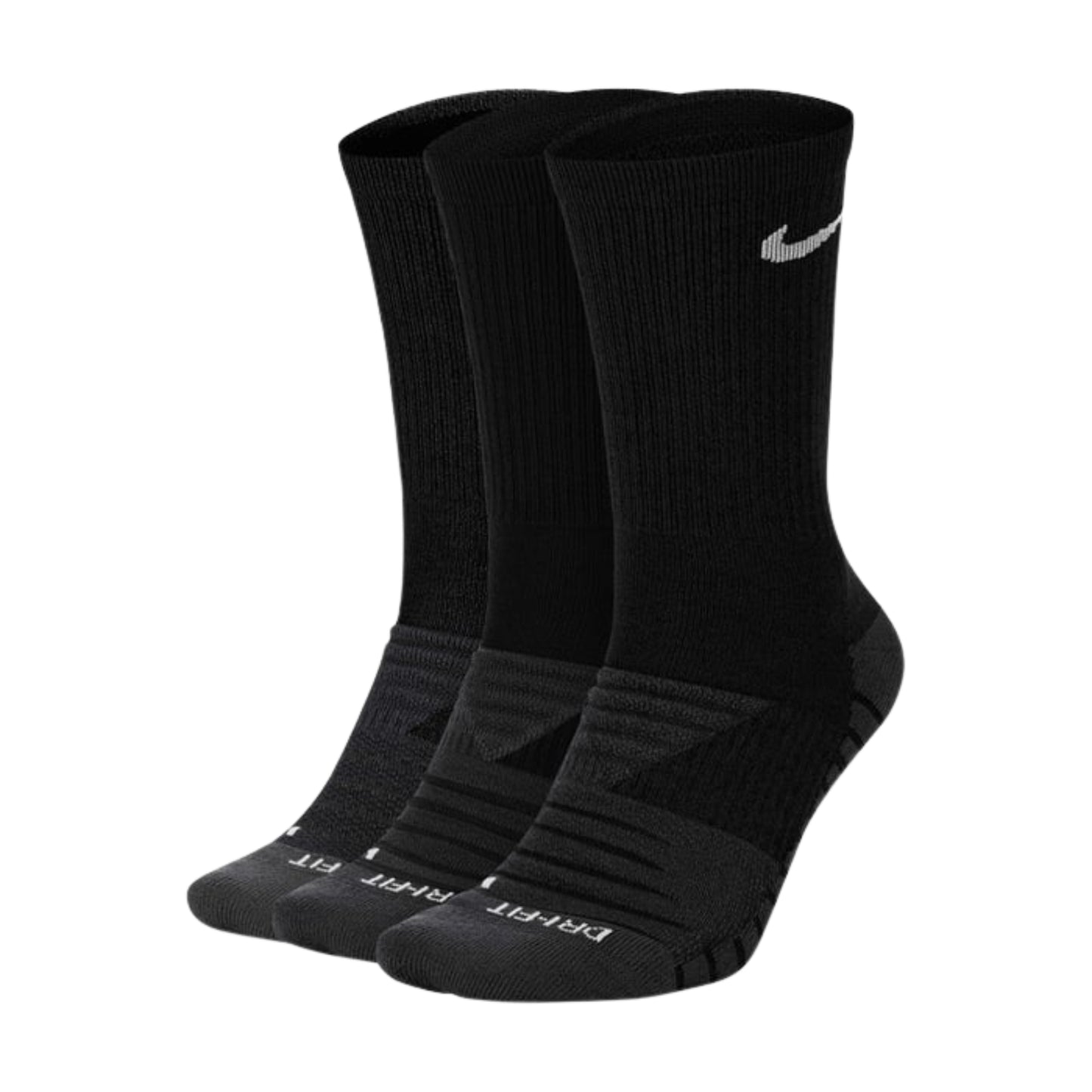 Three black socks with a Nike logo on a white background