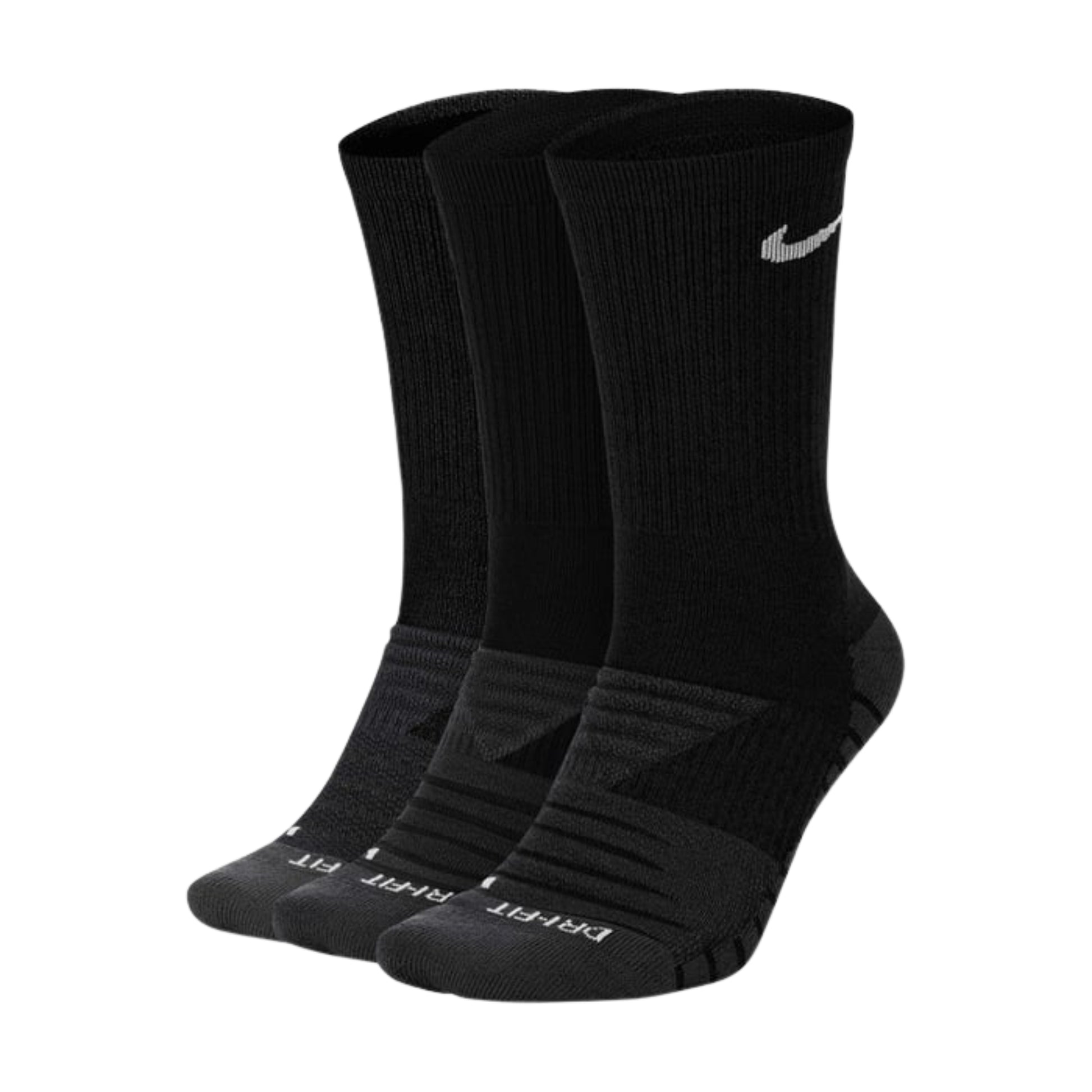 Three black socks with a Nike logo on a white background