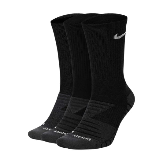 Three black socks with a Nike logo on a white background