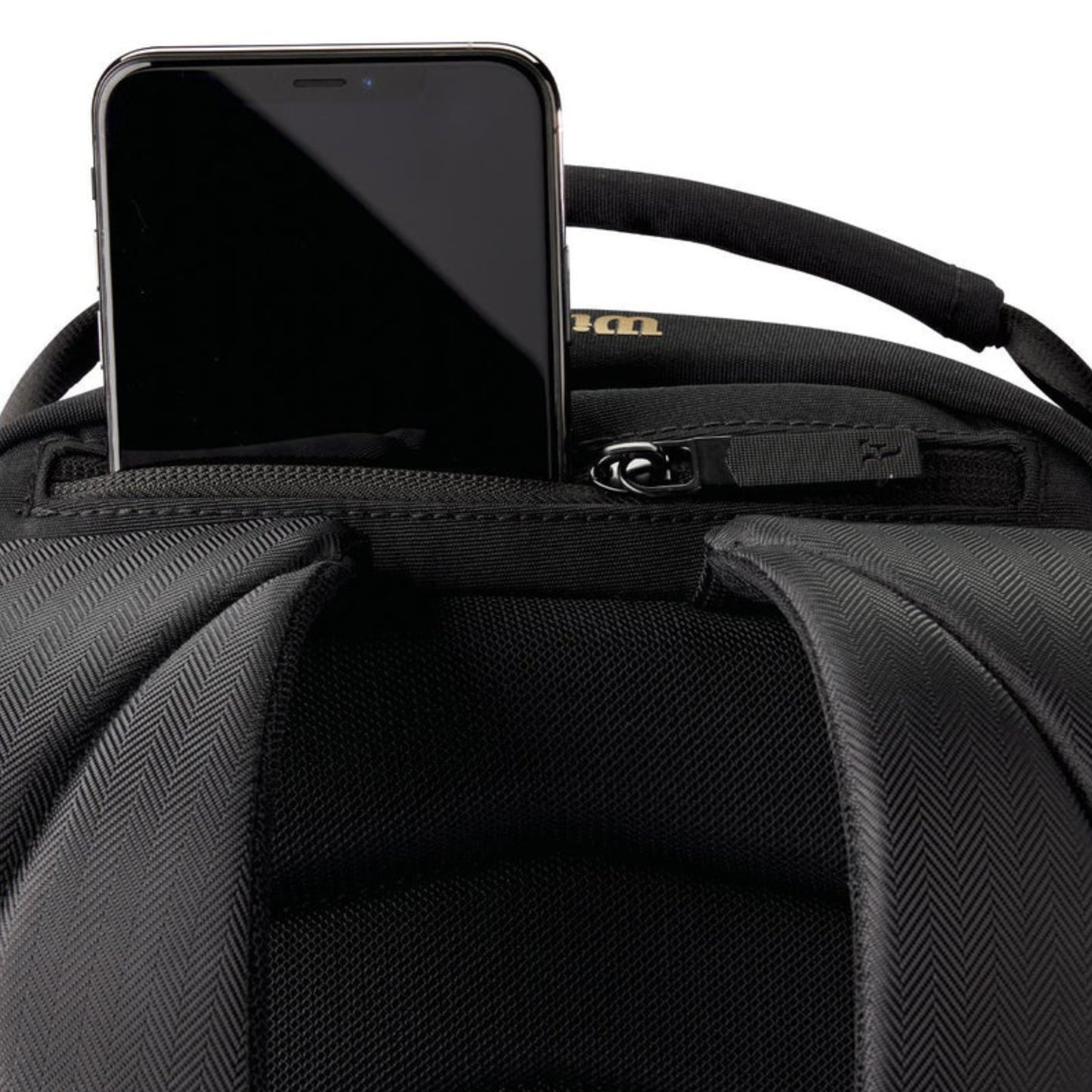 Black backpack with a smartphone inside the front pocket on a white background