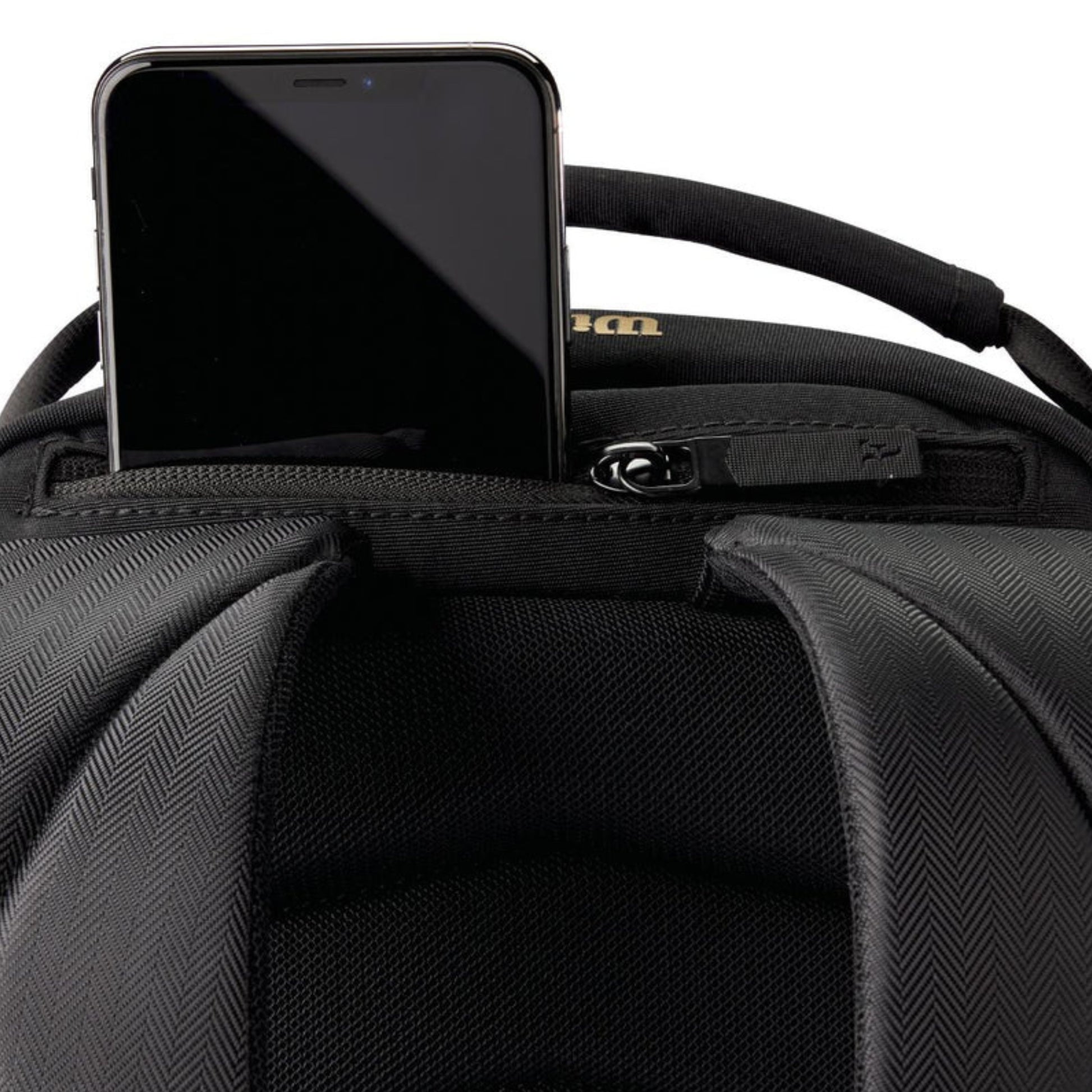 Black backpack with a smartphone inside the front pocket on a white background